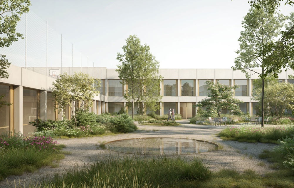 Die zweiteilige Gestaltung des Gartenhofs mit Sportplatz auf dem Turnhallendach ermöglicht eine funktionale wie angenehme Atmosphäre.